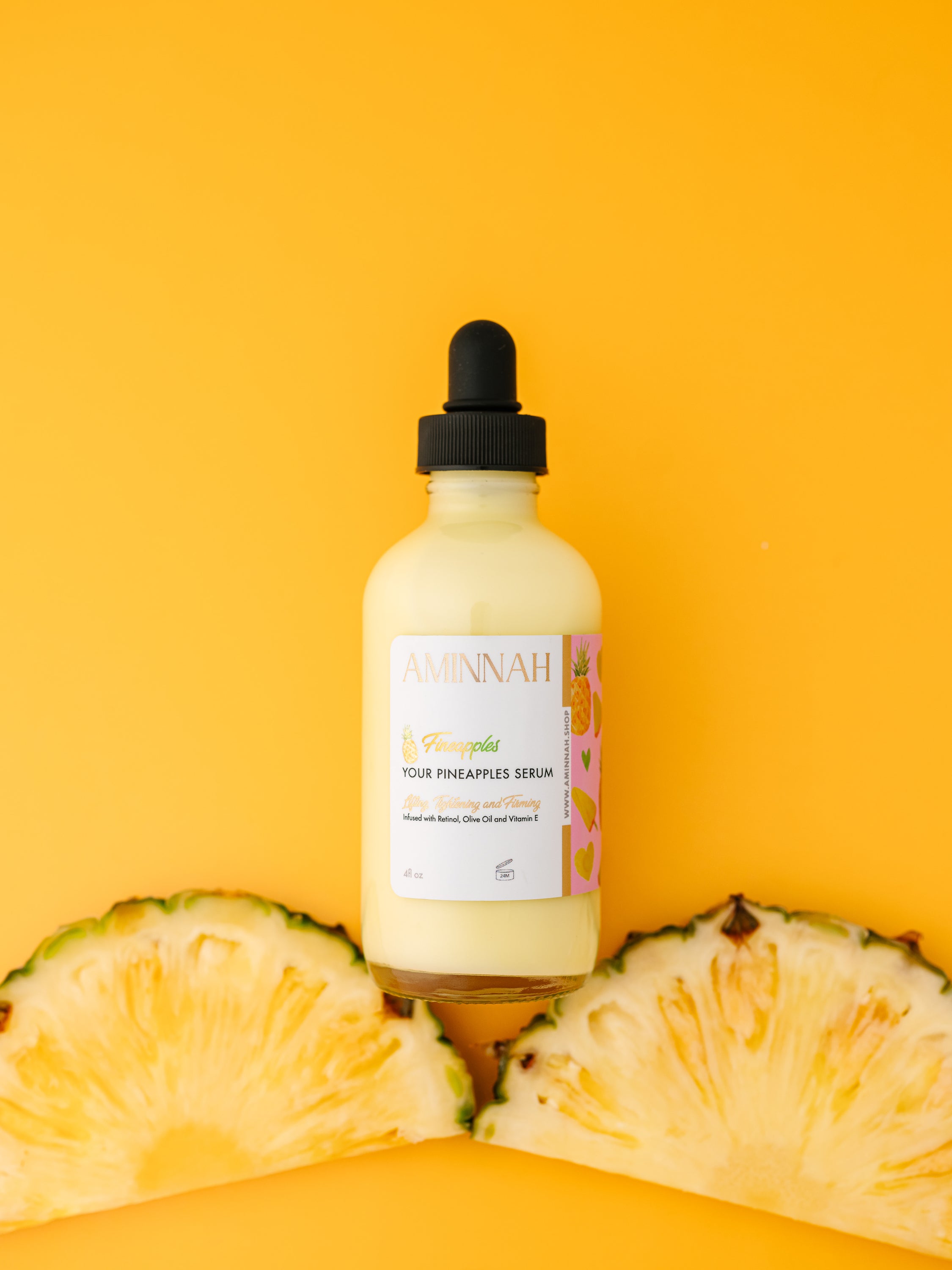 Fineapples Boob Serum bottle with pineapple fruit extract, retinol, and vitamin E ingredients, designed for skin tightening and firming.