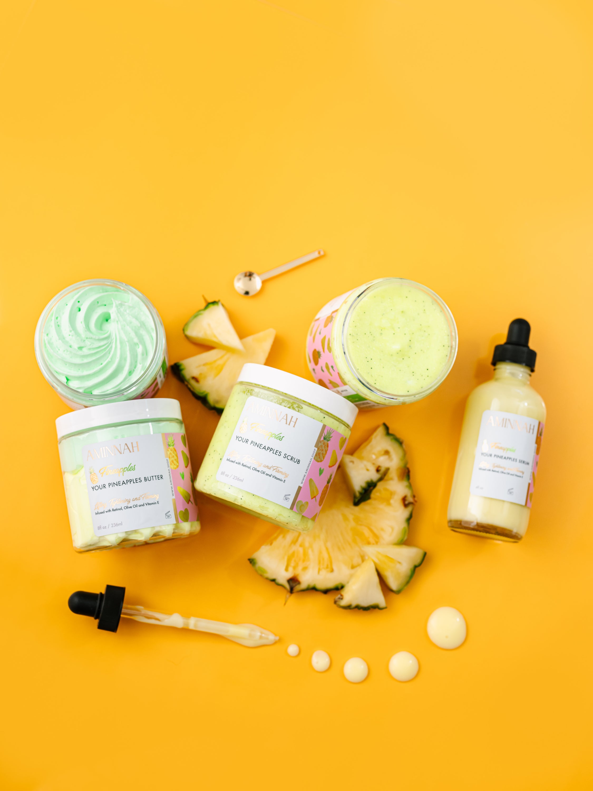 Fineapples Bundle featuring Boob Butter, Scrub, and Serum with pineapple design.