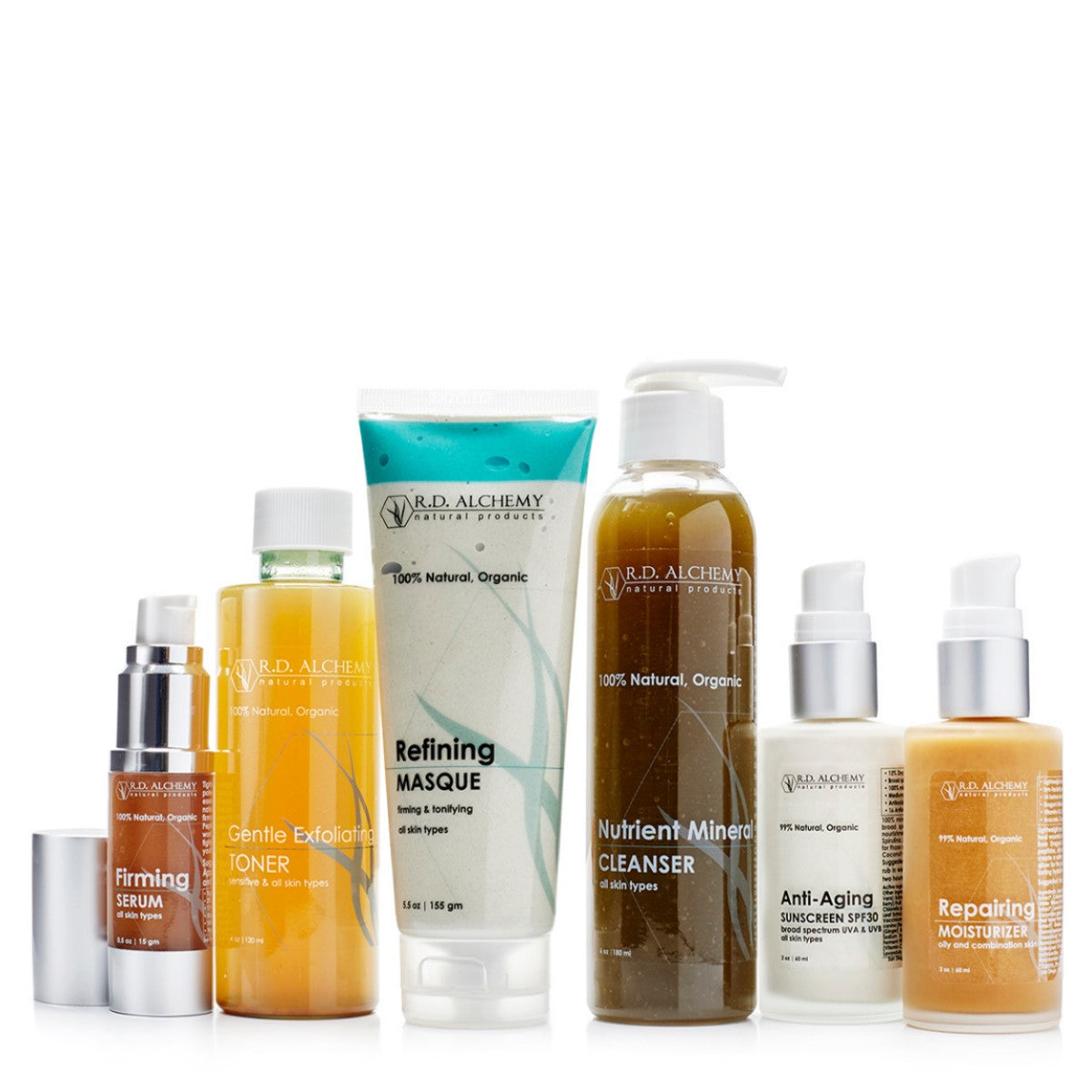 A complete Firming Set featuring six skincare products designed for mature, loose skin, focusing on neck and jowl areas.