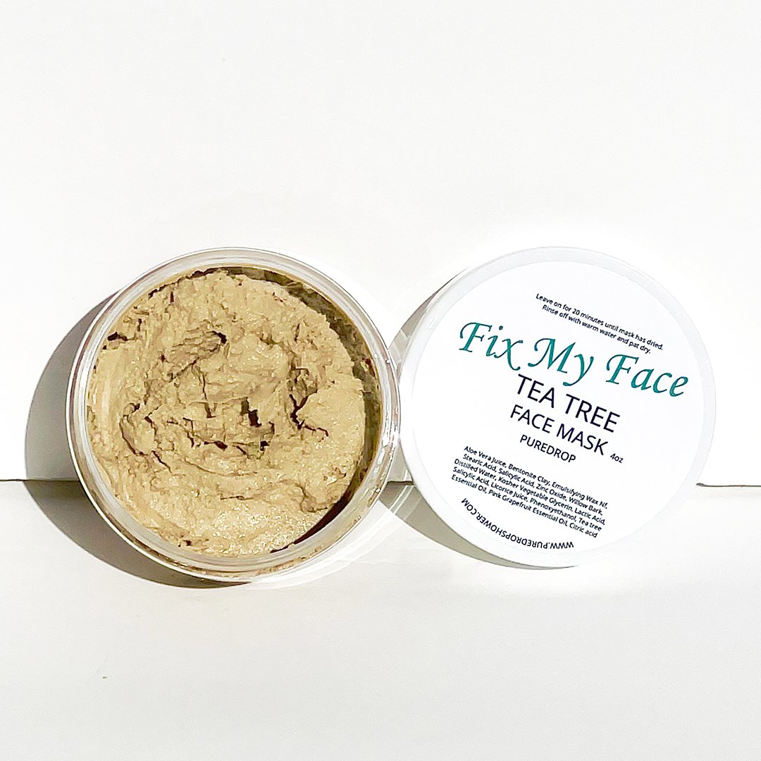 Fix My Face Tea Tree Facial Mask in a clear jar with a cooling gel texture, surrounded by natural ingredients like aloe vera and essential oils.