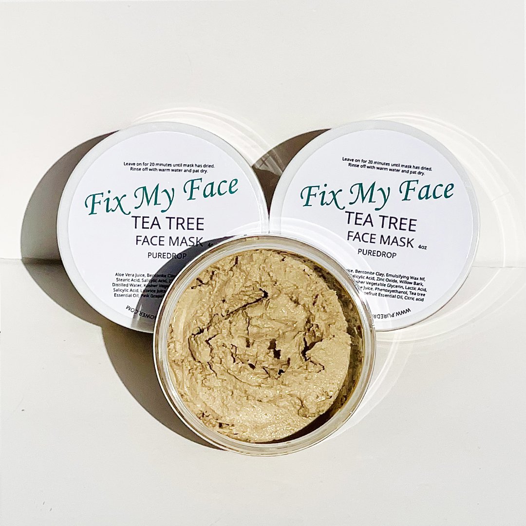 Fix My Face Tea Tree Facial Mask in a clear jar with a cooling gel texture, surrounded by natural ingredients like aloe vera and essential oils.