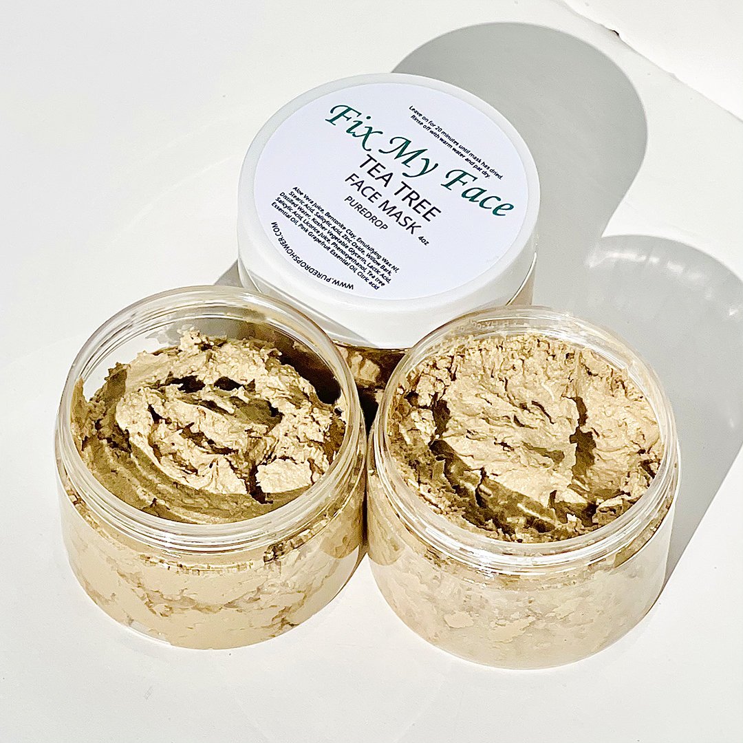 Fix My Face Tea Tree Facial Mask in a clear jar with a cooling gel texture, surrounded by natural ingredients like aloe vera and essential oils.