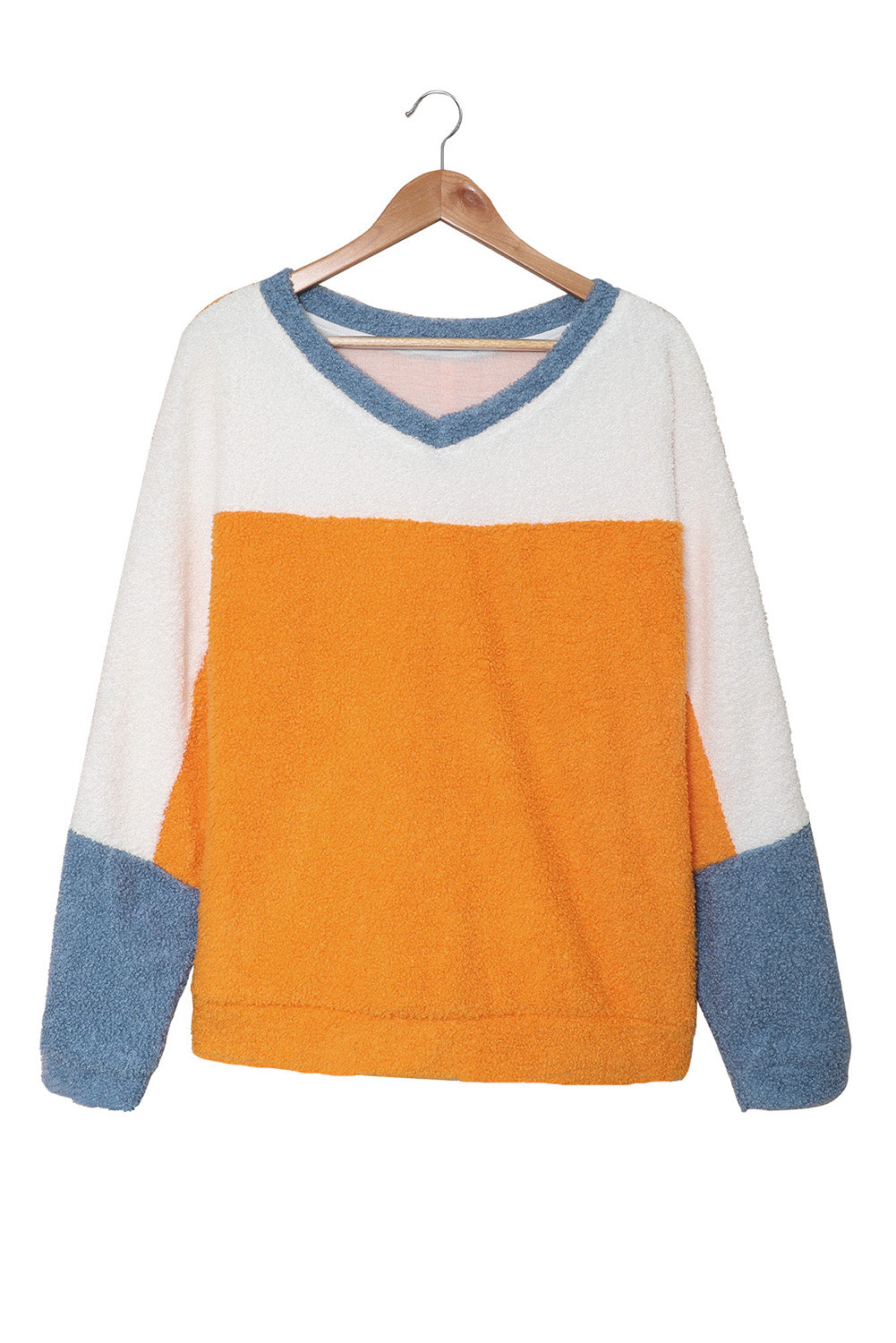 Fleece Colorblock Dolman Sleeves Pullover Top showcasing a mild heart neckline and stylish colorblock design.