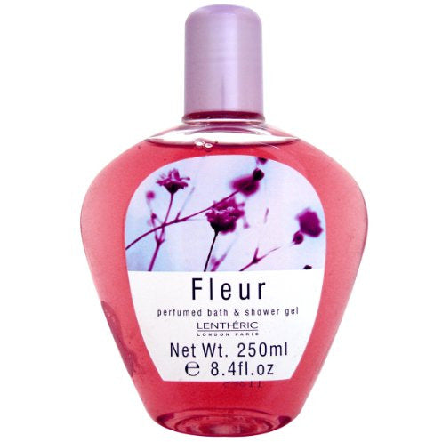 A bottle of Mayfair Fleur Bath & Shower Gel with floral design, showcasing its luxurious appeal.