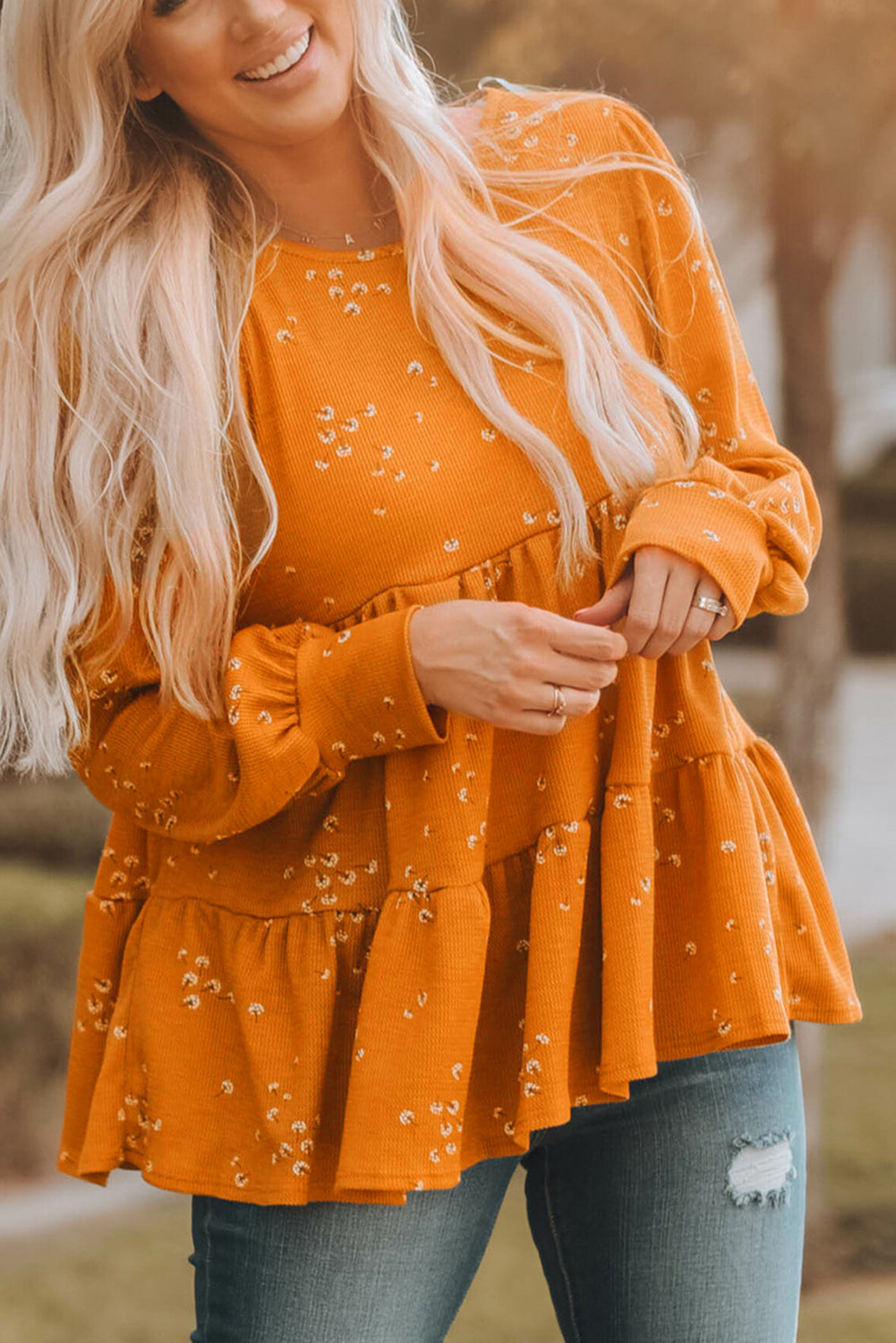 Floral Print Ruffle Long Sleeve Tunic Top featuring a chic floral design and elegant ruffle details, perfect for casual wear.