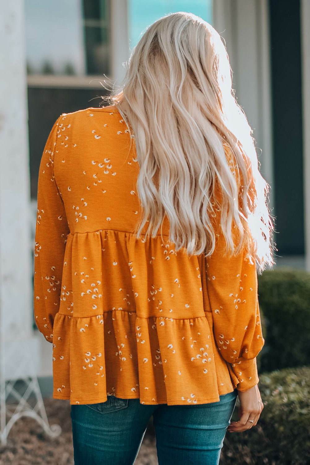 Floral Print Ruffle Long Sleeve Tunic Top featuring a chic floral design and elegant ruffle details, perfect for casual wear.