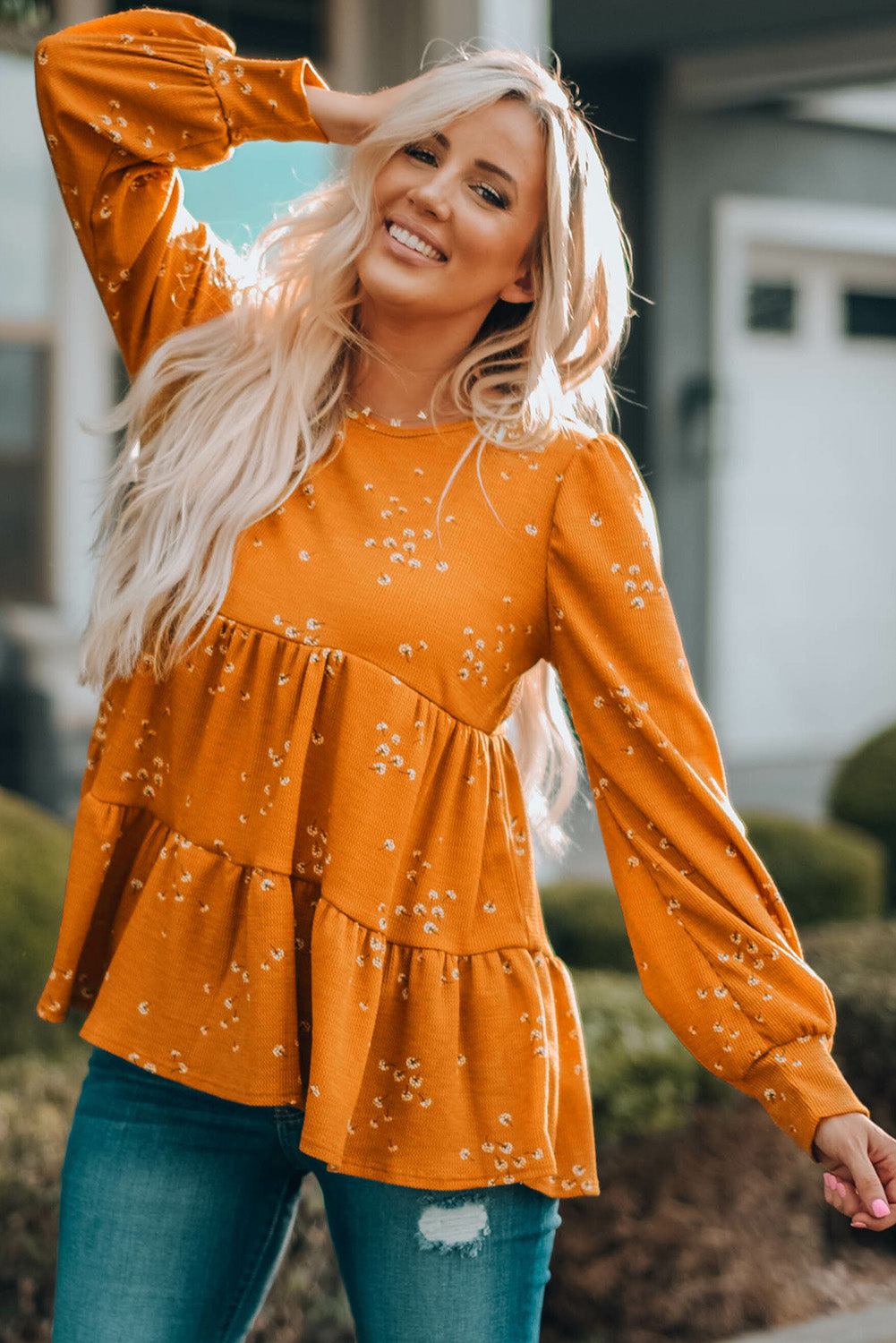 Floral Print Ruffle Long Sleeve Tunic Top featuring a chic floral design and elegant ruffle details, perfect for casual wear.