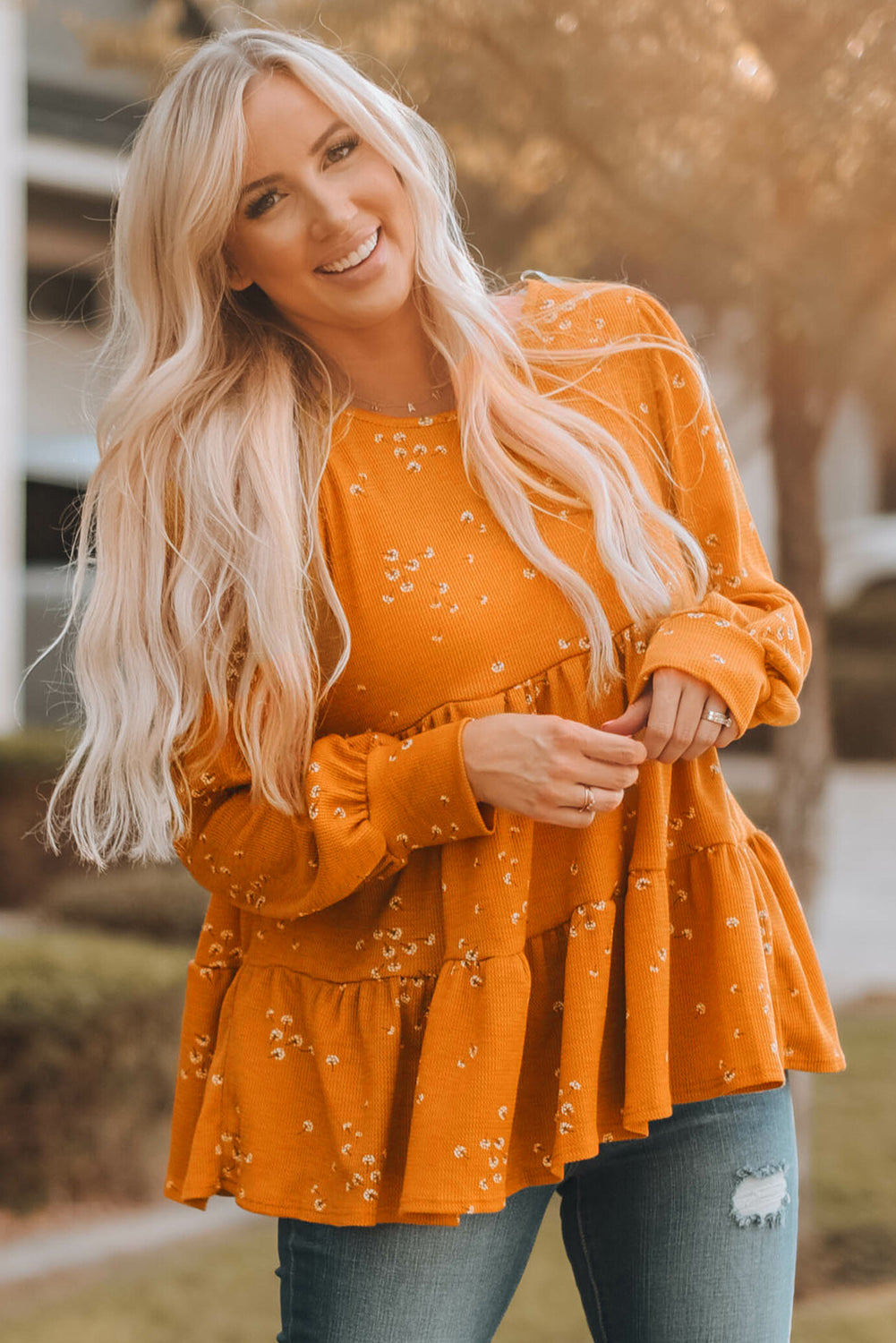 Floral Print Ruffle Long Sleeve Tunic Top featuring a chic floral design and elegant ruffle details, perfect for casual wear.