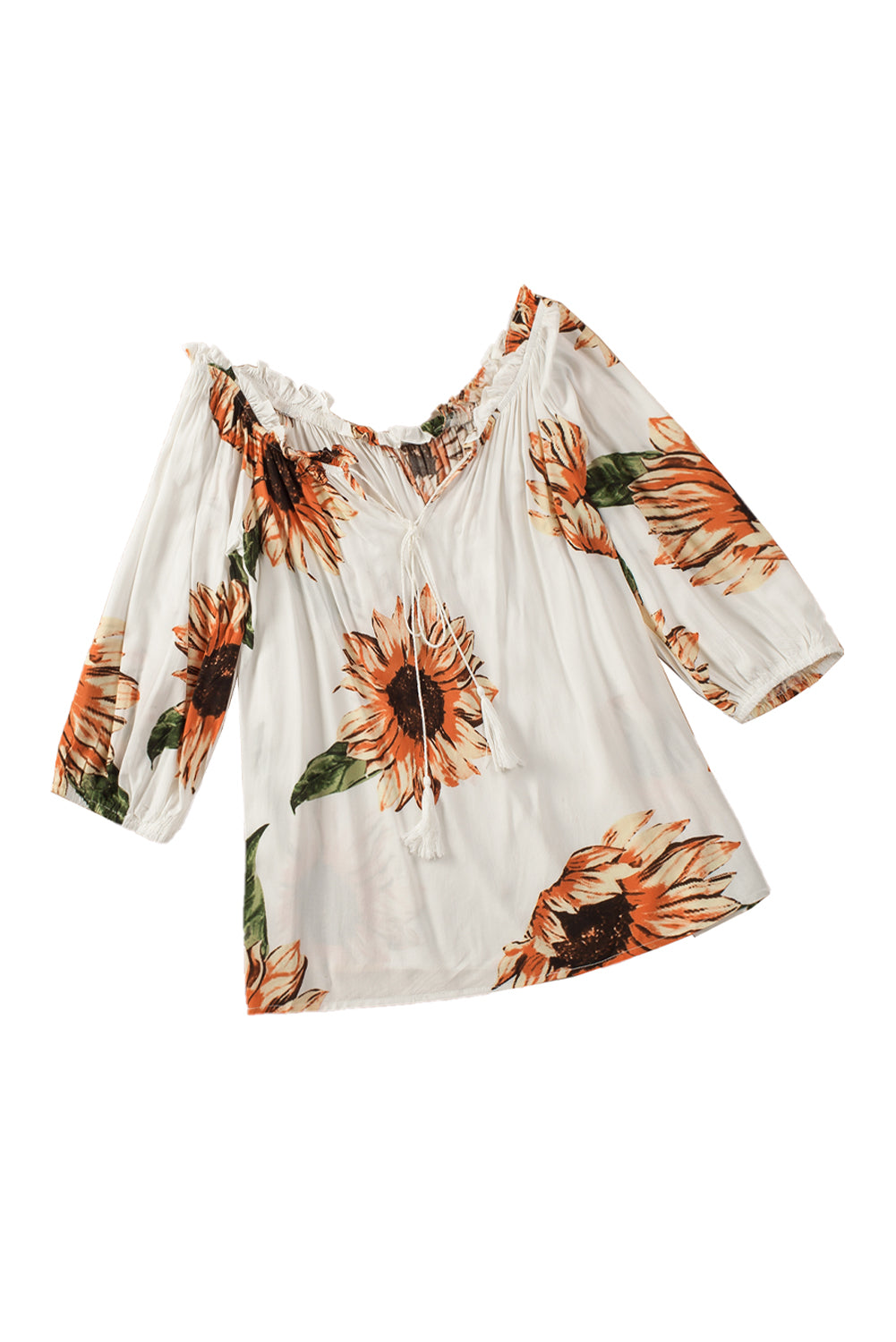 Floral Ruffled Tassel Tie Off Shoulder Blouse featuring sunflower print, ruffles, and tassel ties, perfect for summer styling.