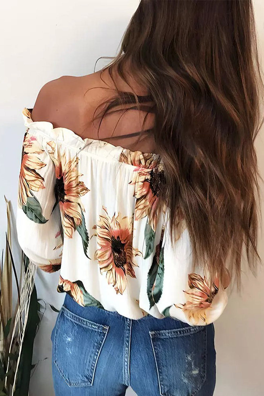 Floral Ruffled Tassel Tie Off Shoulder Blouse featuring sunflower print, ruffles, and tassel ties, perfect for summer styling.