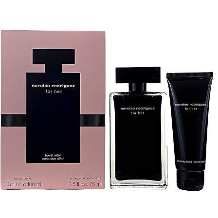 Narciso Rodriguez For Her Gift Set featuring 100ml EDT and 75ml body lotion elegantly packaged.