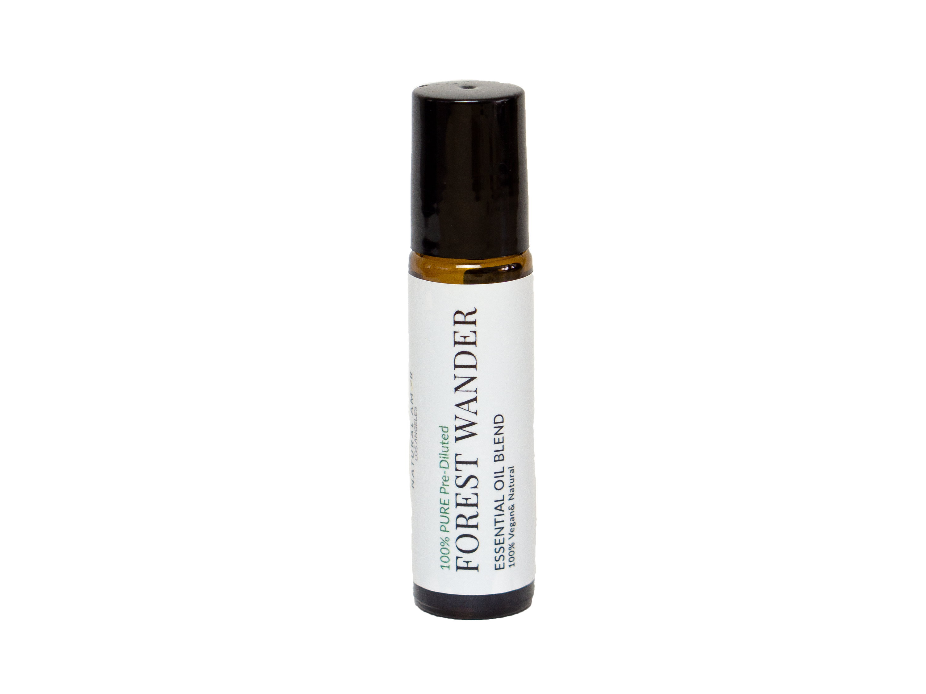 Forest Wander Roll On Essential Oil Blend in a 10 mL bottle with a stainless steel rollerball, showcasing its natural ingredients and woodsy aroma.