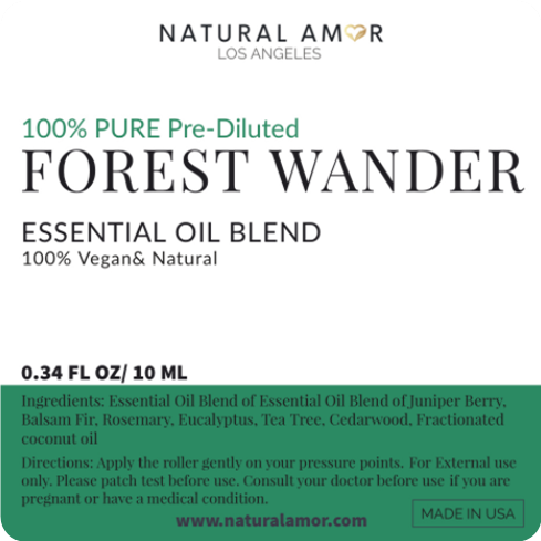 Forest Wander Roll On Essential Oil Blend in a 10 mL bottle with a stainless steel rollerball, showcasing its natural ingredients and woodsy aroma.