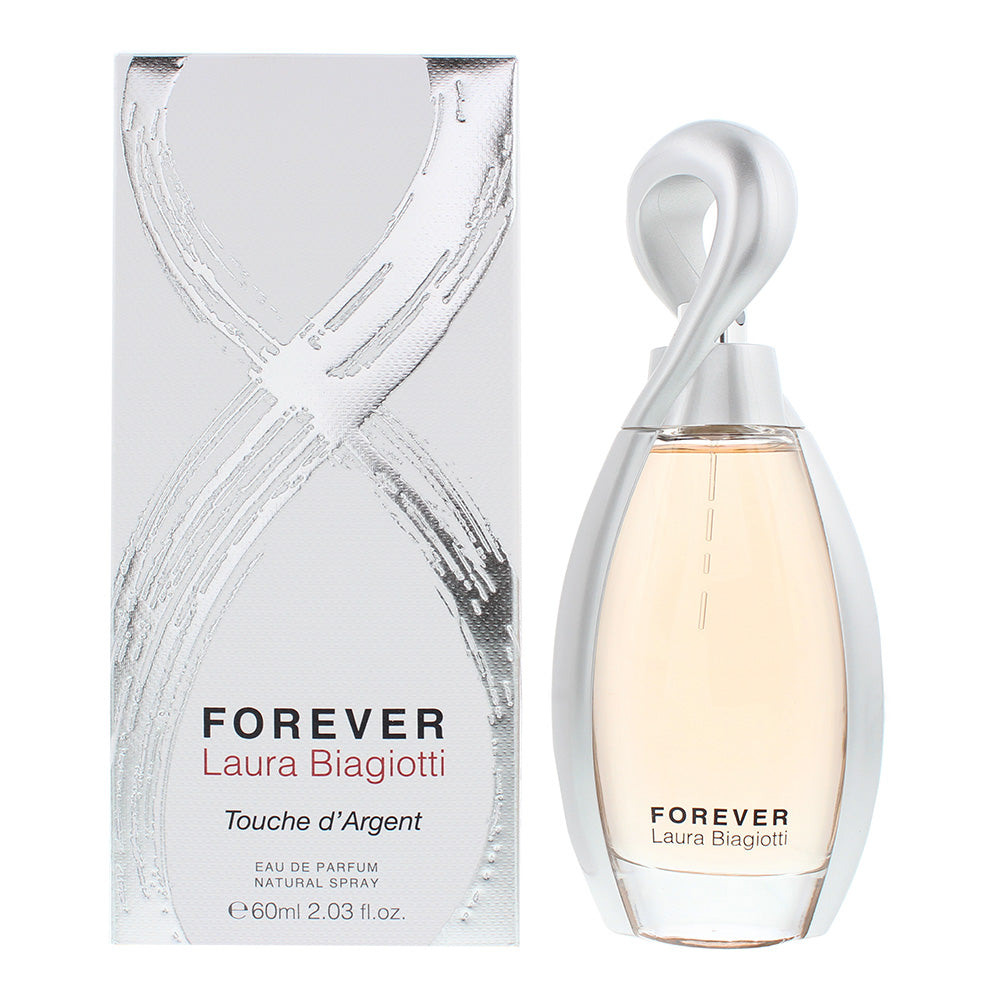 Laura Biagiotti Forever Touche d'Argent Eau de Parfum bottle elegantly displayed with a floral background.