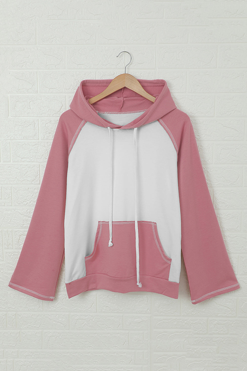 Frayed Hem Color Block Kangaroo Pocket Hoodie showcasing a stylish color block design with a frayed hem and adjustable drawstring hood.