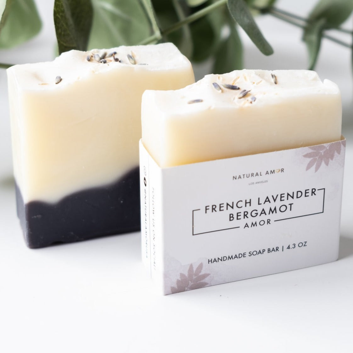 French Lavender Bergamot Soap Bar with natural ingredients, showcasing its rich texture and calming lavender color.