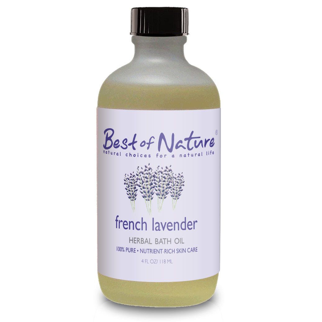 A bottle of French Lavender Herbal Bath Oil surrounded by lavender flowers, showcasing its calming and soothing properties.