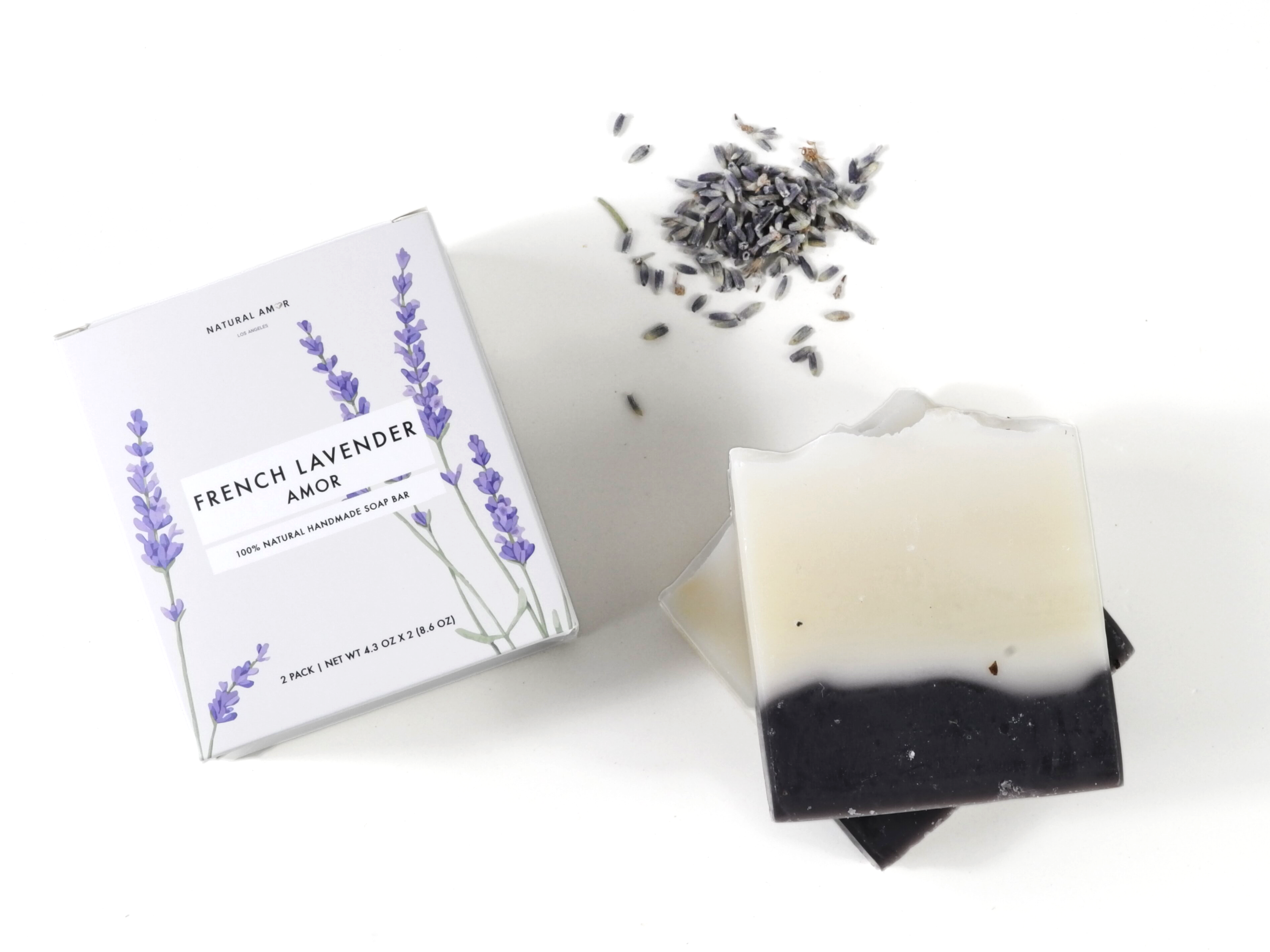 Two bars of French Lavender Soap in a stylish box, showcasing natural ingredients and calming lavender scent.