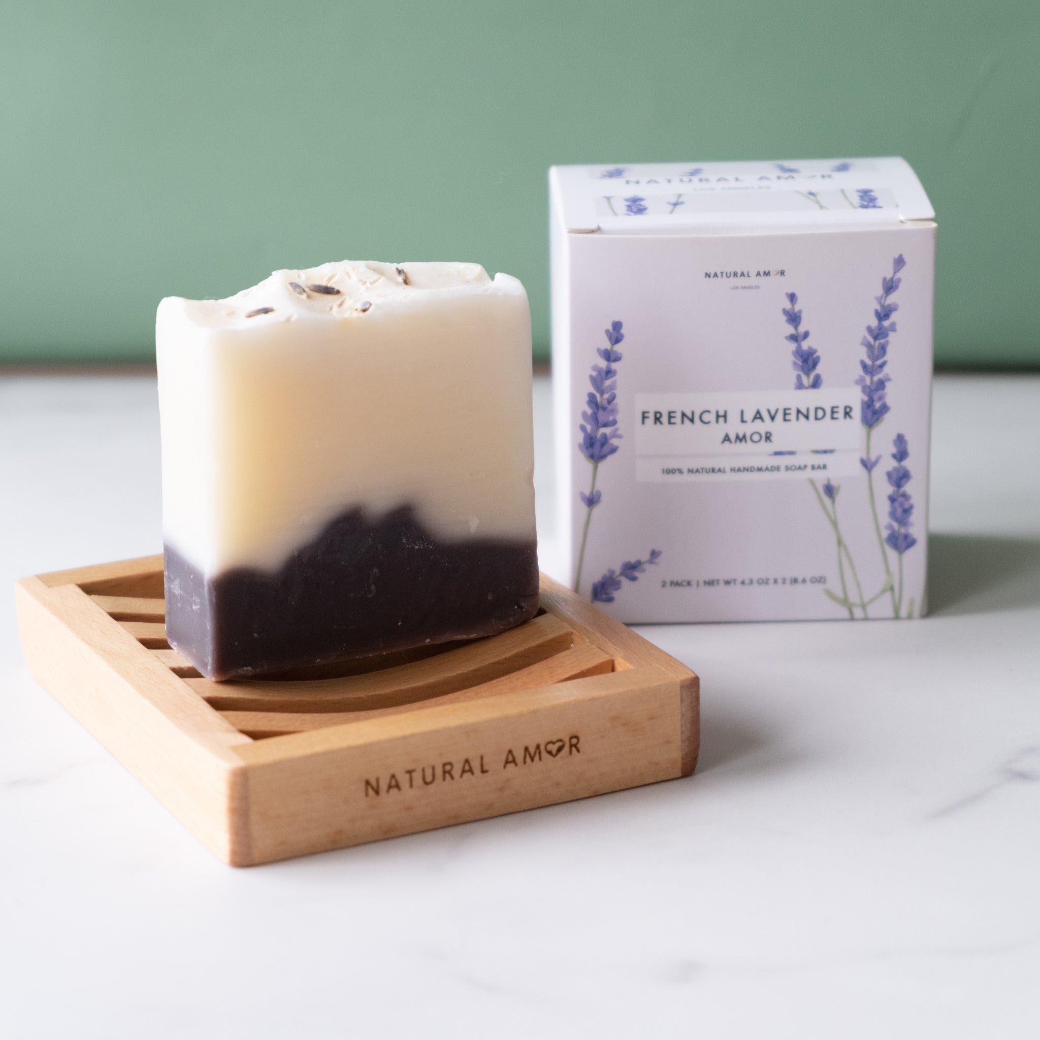 Two bars of French Lavender Soap in a stylish box, showcasing natural ingredients and calming lavender scent.