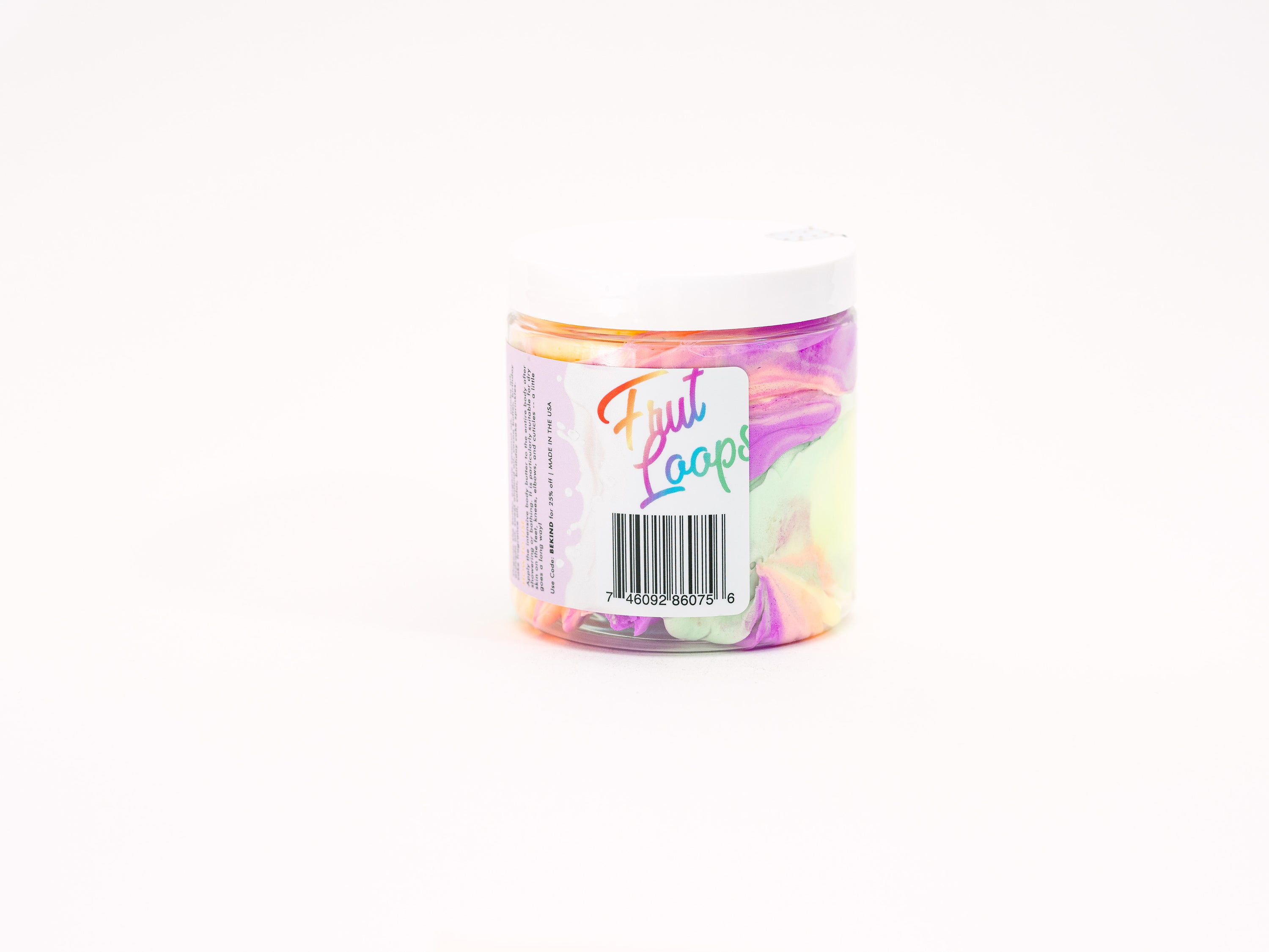 Frut Loops Whipped Body Butter in a jar, showcasing its creamy texture and vibrant colors reminiscent of Fruit Loops cereal.