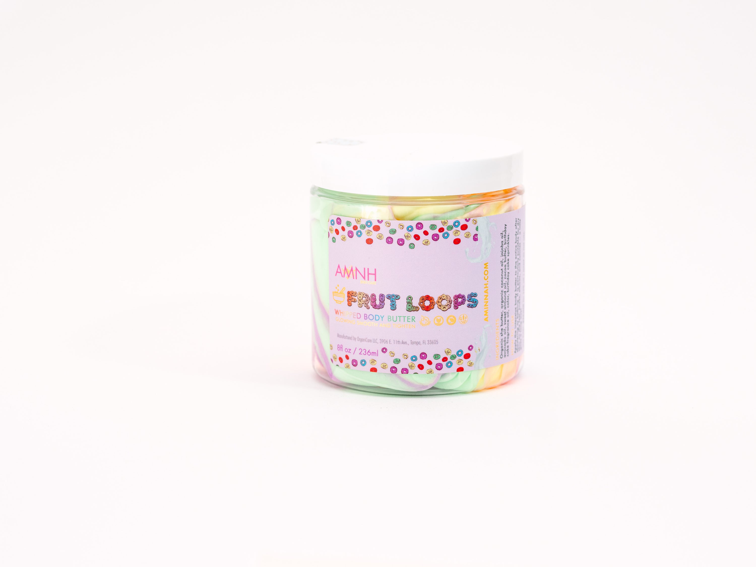 Frut Loops Whipped Body Butter in a jar, showcasing its creamy texture and vibrant colors reminiscent of Fruit Loops cereal.