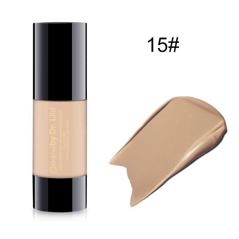 Full Coverage Foundation with SPF 15 in a sleek bottle, showcasing its natural finish and variety of shades.