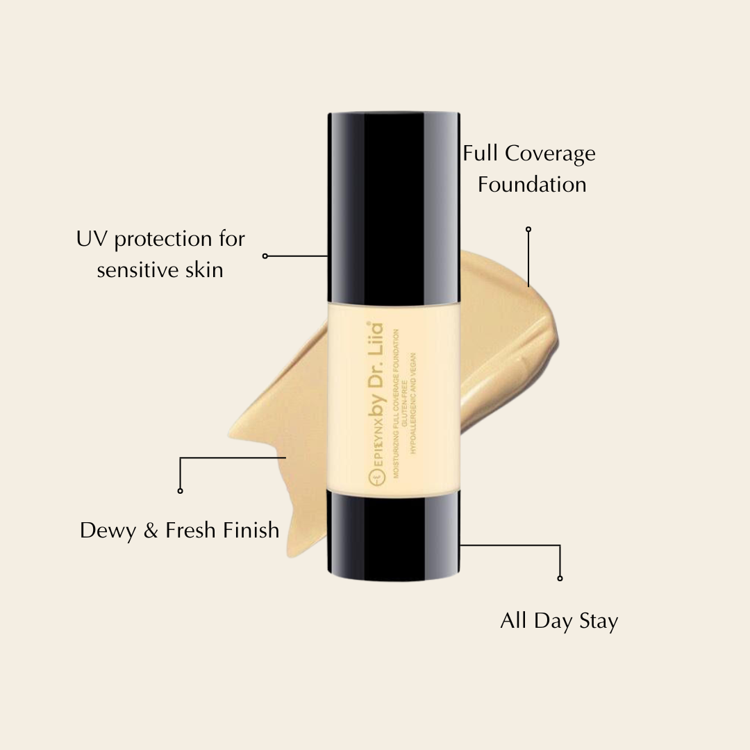 Full Coverage Foundation with SPF 15 in a sleek bottle, showcasing its natural finish and variety of shades.