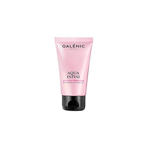 Galénic Aqua Infini Refreshing Water Gel in a sleek jar, showcasing its light blue gel texture.