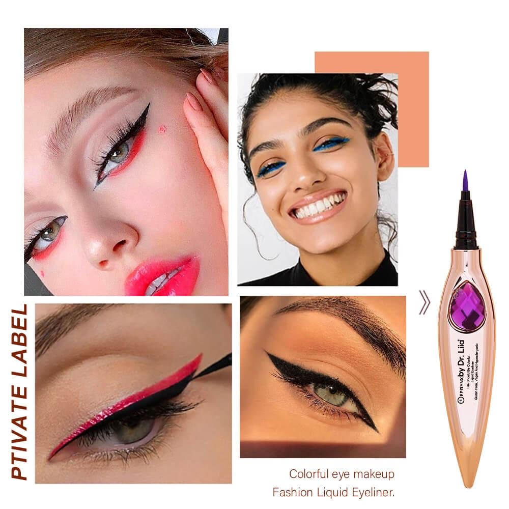 EpiLynx Gem Liquid Eyeliner with precision tip in various vibrant shades, showcasing its sleek design and applicator.