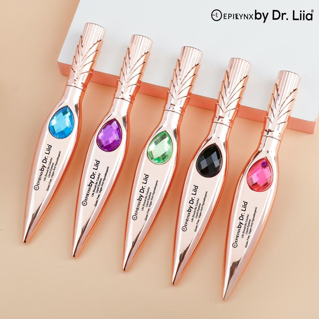 EpiLynx Gem Liquid Eyeliner with precision tip in various vibrant shades, showcasing its sleek design and applicator.