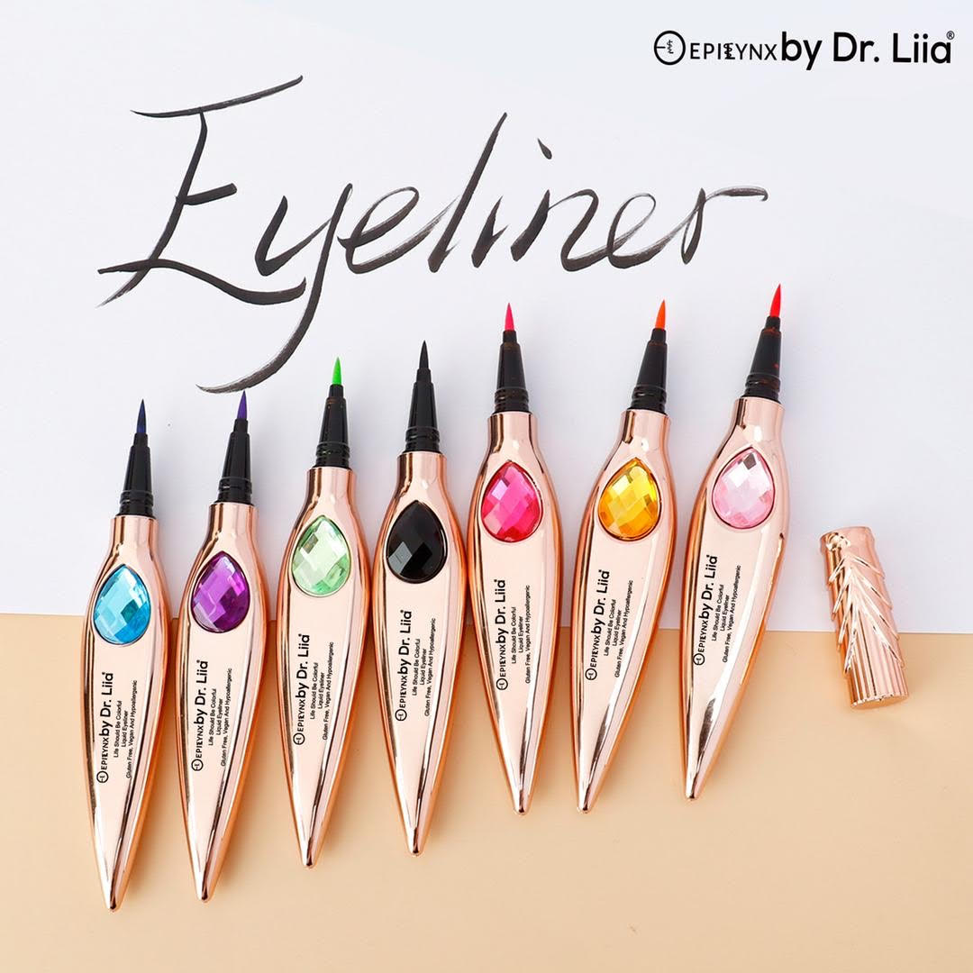 EpiLynx Gem Liquid Eyeliner with precision tip in various vibrant shades, showcasing its sleek design and applicator.