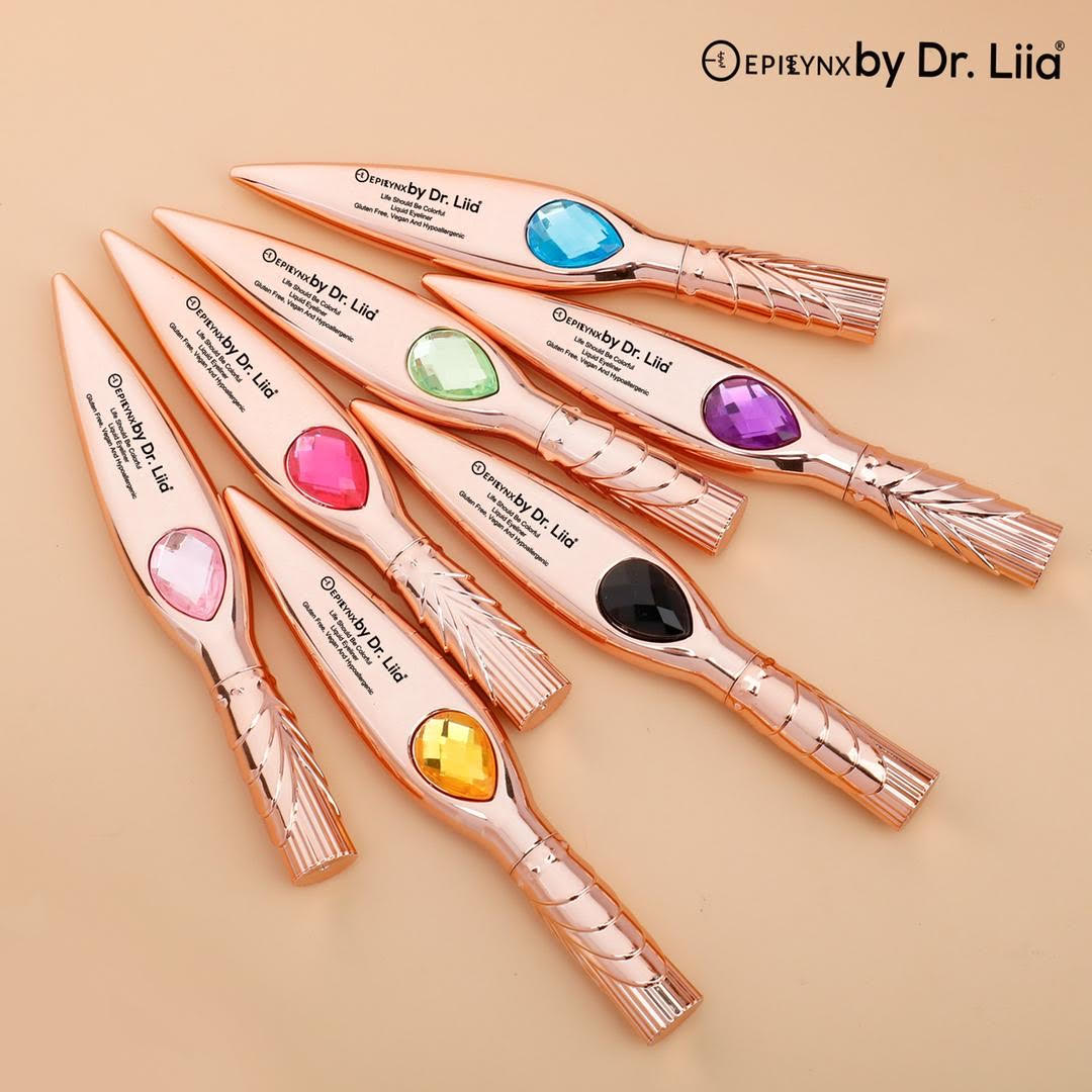 EpiLynx Gem Liquid Eyeliner with precision tip in various vibrant shades, showcasing its sleek design and applicator.