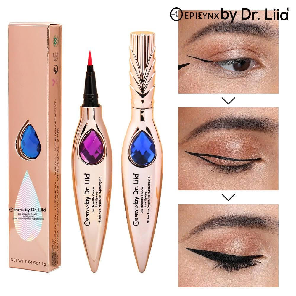 EpiLynx Gem Liquid Eyeliner with precision tip in various vibrant shades, showcasing its sleek design and applicator.