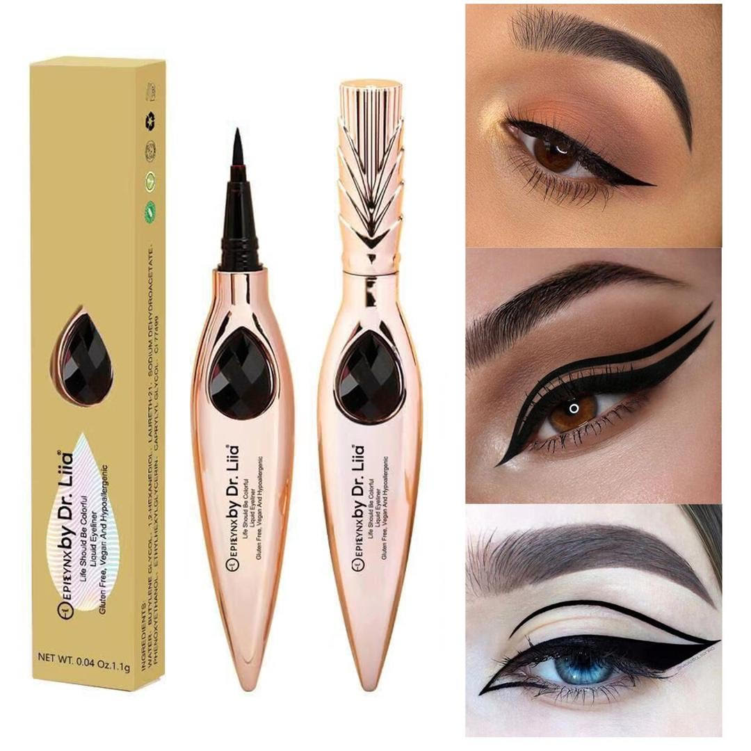 EpiLynx Gem Liquid Eyeliner with precision tip in various vibrant shades, showcasing its sleek design and applicator.