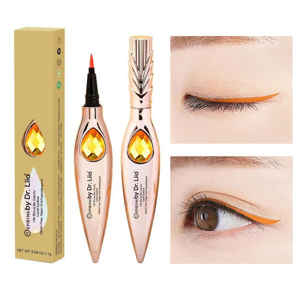 EpiLynx Gem Liquid Eyeliner with precision tip in various vibrant shades, showcasing its sleek design and applicator.