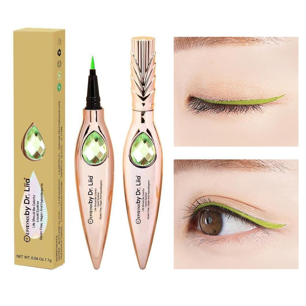 EpiLynx Gem Liquid Eyeliner with precision tip in various vibrant shades, showcasing its sleek design and applicator.