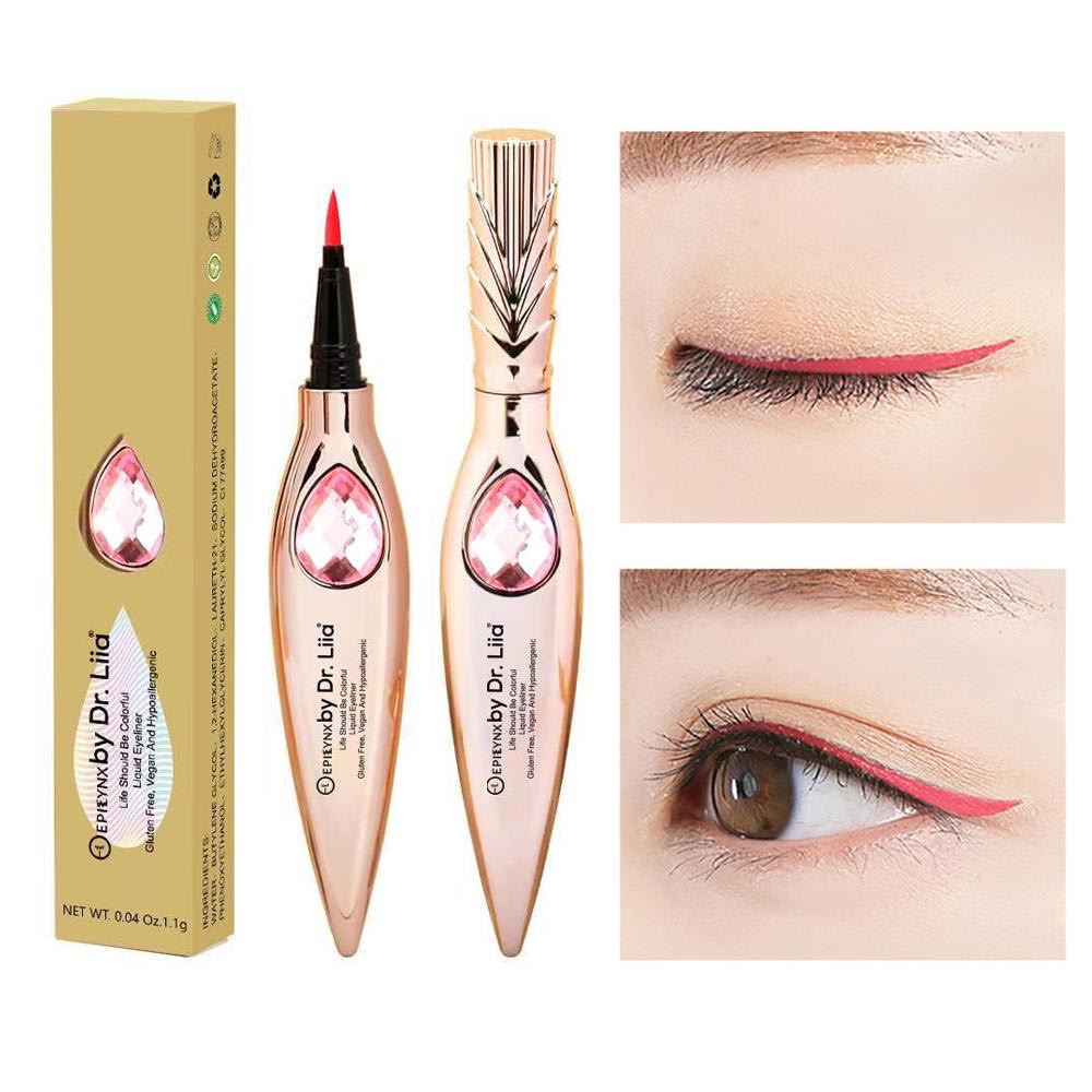 EpiLynx Gem Liquid Eyeliner with precision tip in various vibrant shades, showcasing its sleek design and applicator.