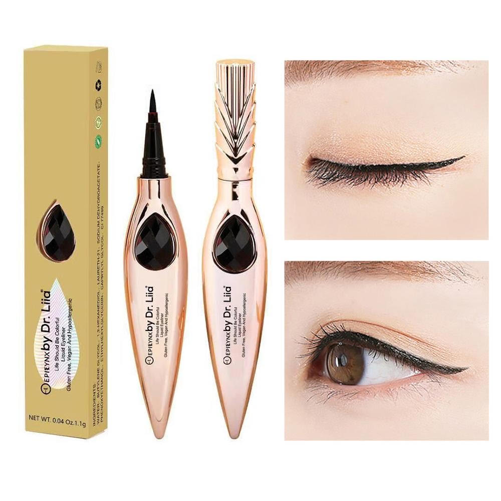 EpiLynx Gem Liquid Eyeliner with precision tip in various vibrant shades, showcasing its sleek design and applicator.