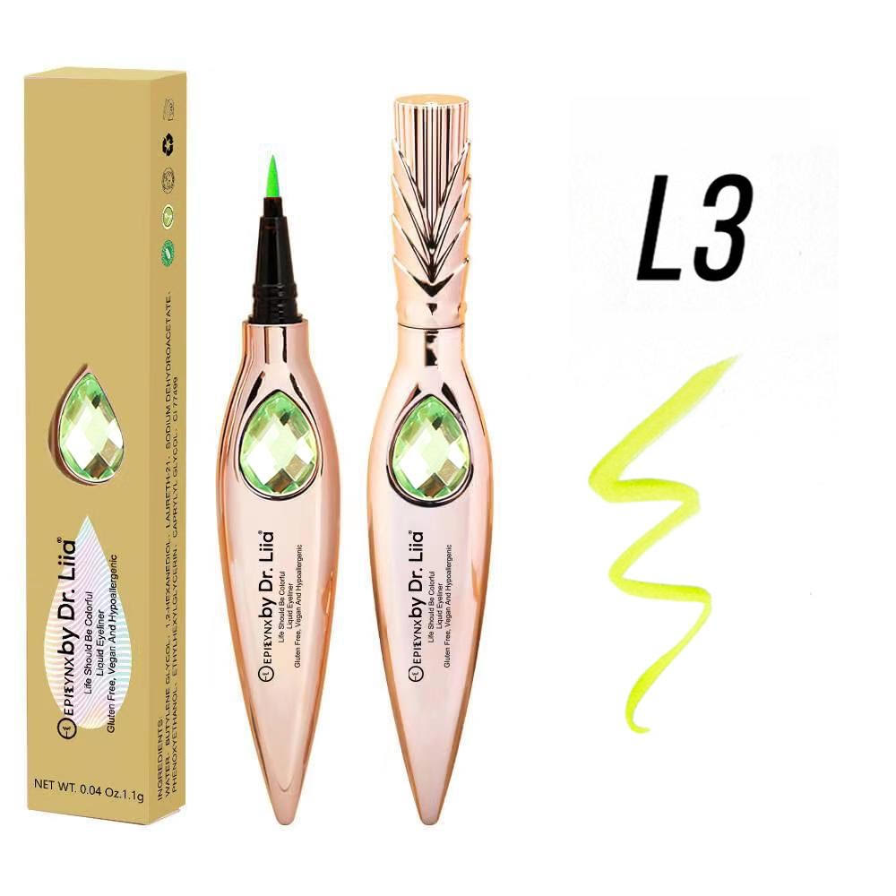 EpiLynx Gem Liquid Eyeliner with precision tip in various vibrant shades, showcasing its sleek design and applicator.