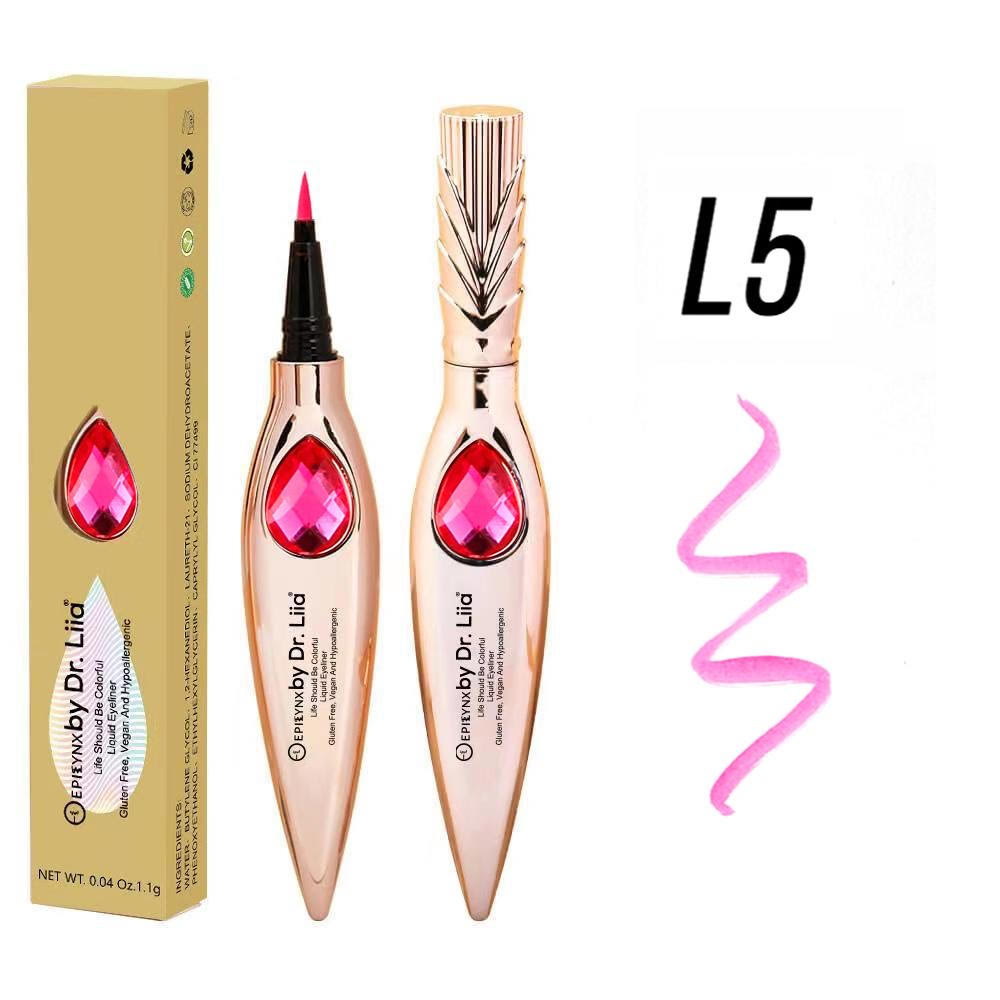 EpiLynx Gem Liquid Eyeliner with precision tip in various vibrant shades, showcasing its sleek design and applicator.