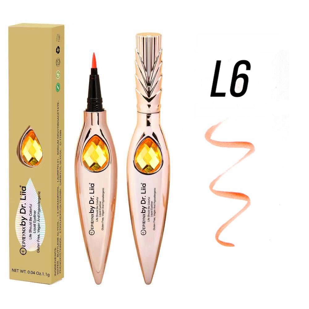 EpiLynx Gem Liquid Eyeliner with precision tip in various vibrant shades, showcasing its sleek design and applicator.