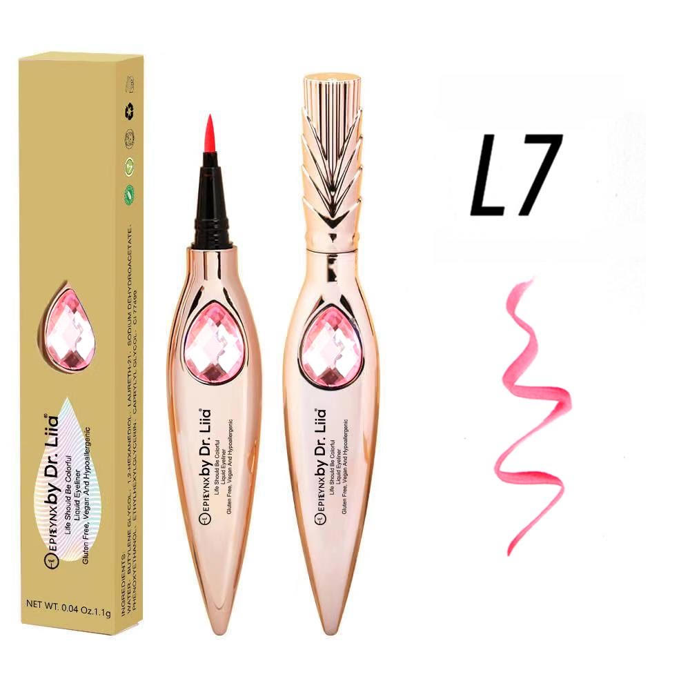 EpiLynx Gem Liquid Eyeliner with precision tip in various vibrant shades, showcasing its sleek design and applicator.