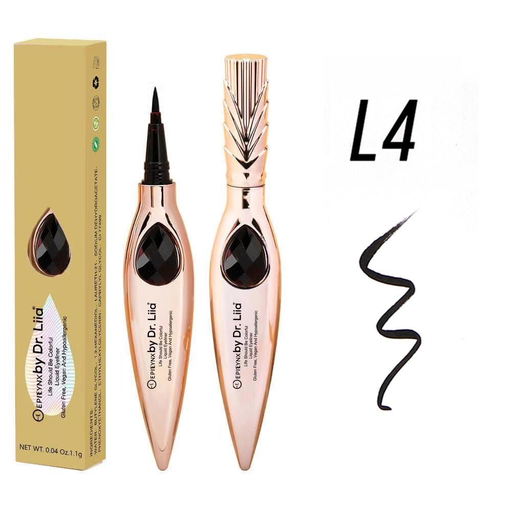 EpiLynx Gem Liquid Eyeliner with precision tip in various vibrant shades, showcasing its sleek design and applicator.