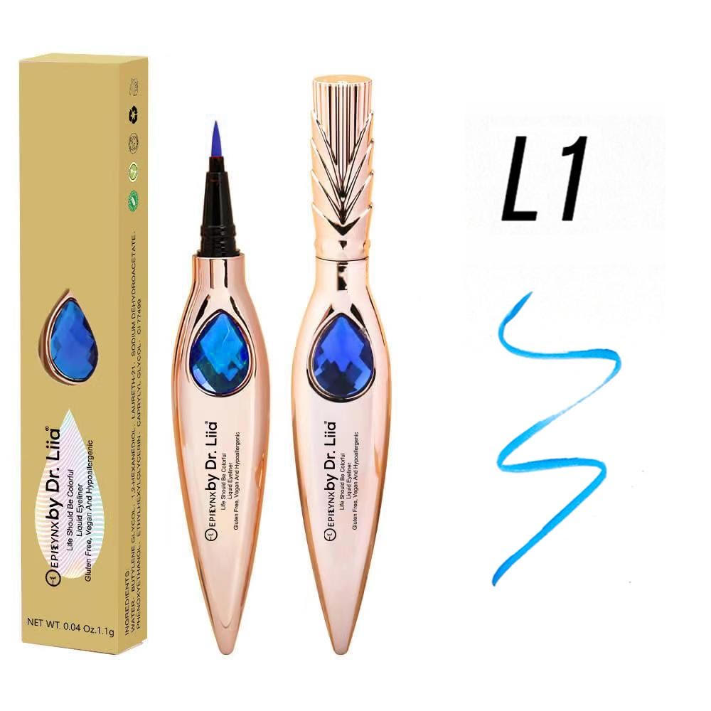 EpiLynx Gem Liquid Eyeliner with precision tip in various vibrant shades, showcasing its sleek design and applicator.