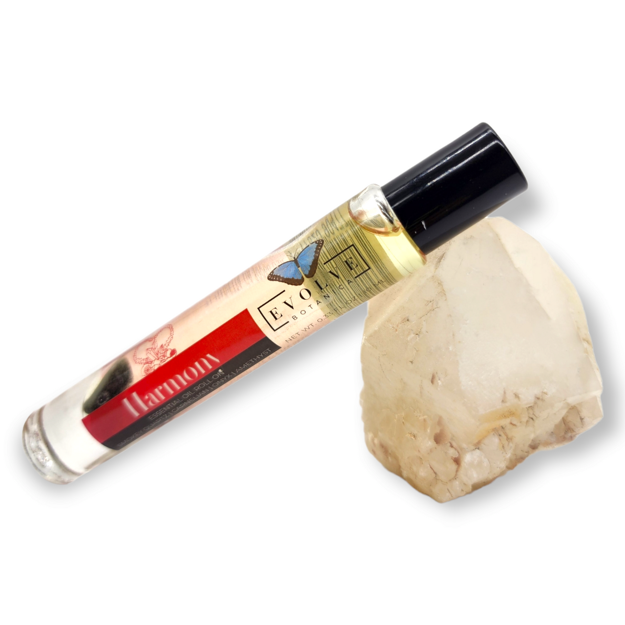 Gemstone Essential Oil Roll On - Harmony in a glass bottle with a stainless steel roller ball, featuring a blend of essential oils and healing crystals.