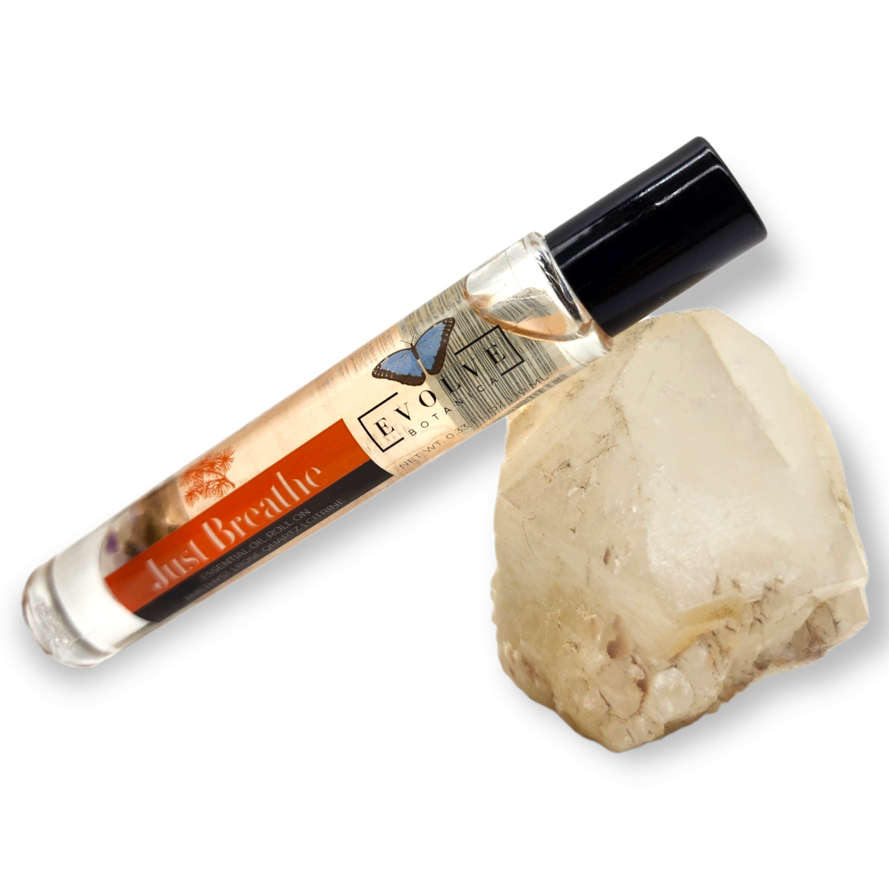 Gemstone Essential Oil Roll On - Just Breathe in a glass bottle with a stainless steel roller ball, featuring a blend of essential oils and infused with healing crystals.