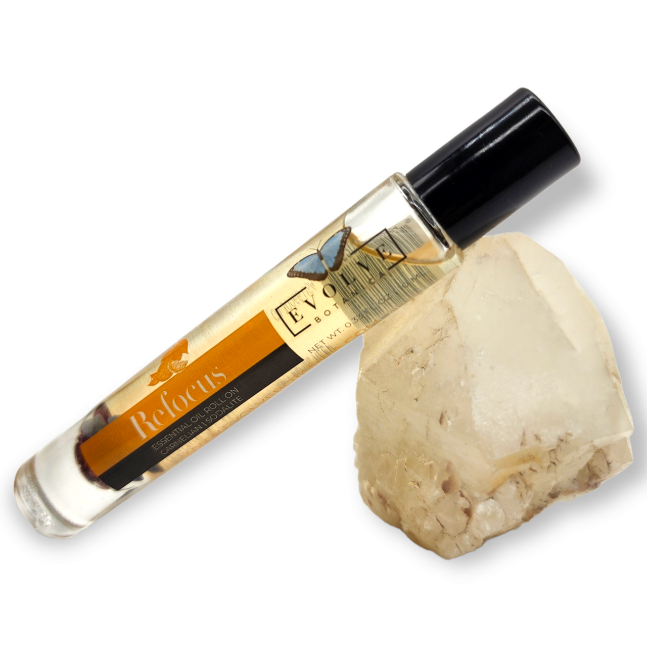 Gemstone Essential Oil Roll On - Refocus in a glass bottle with a stainless steel roller ball, featuring a blend of essential oils and gemstones.