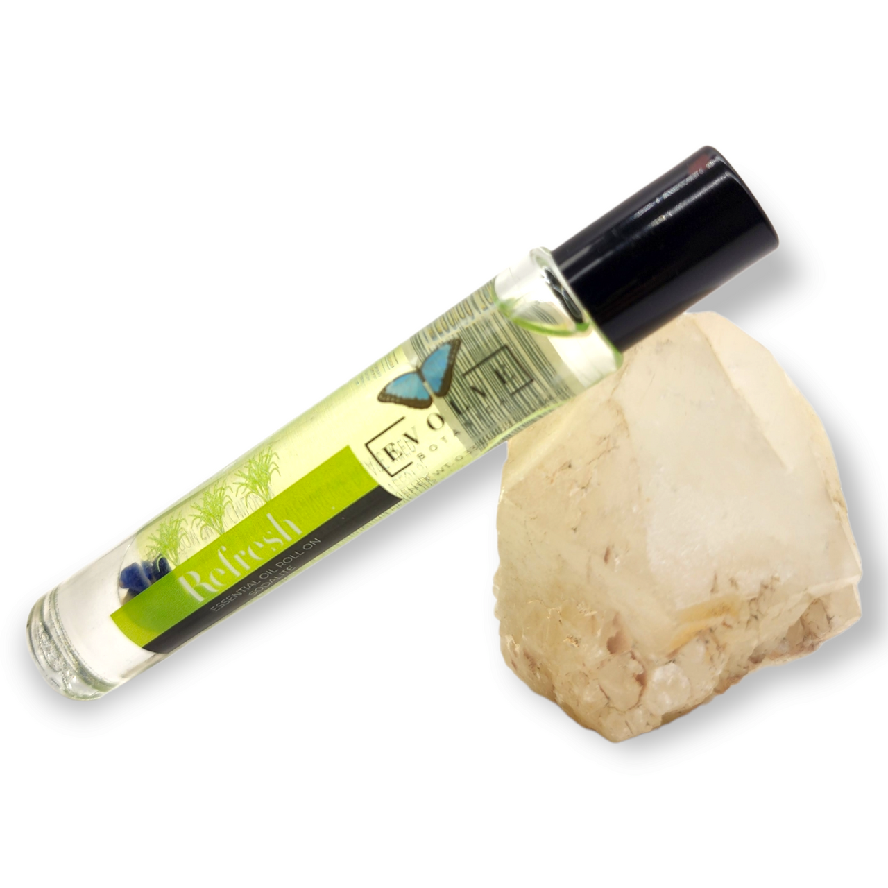 Gemstone Essential Oil Roll On - Refresh in a glass bottle with a stainless steel roller ball, featuring Lemongrass and Spearmint essential oils.