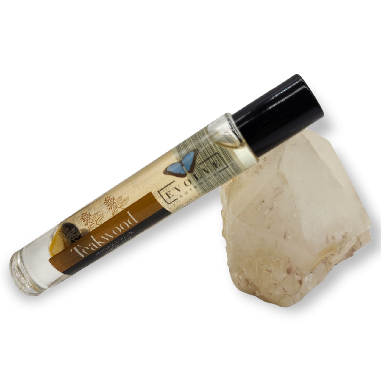 Gemstone Perfume Roll On - Teakwood in a glass bottle with stainless steel roller ball, showcasing its elegant design and rich fragrance.