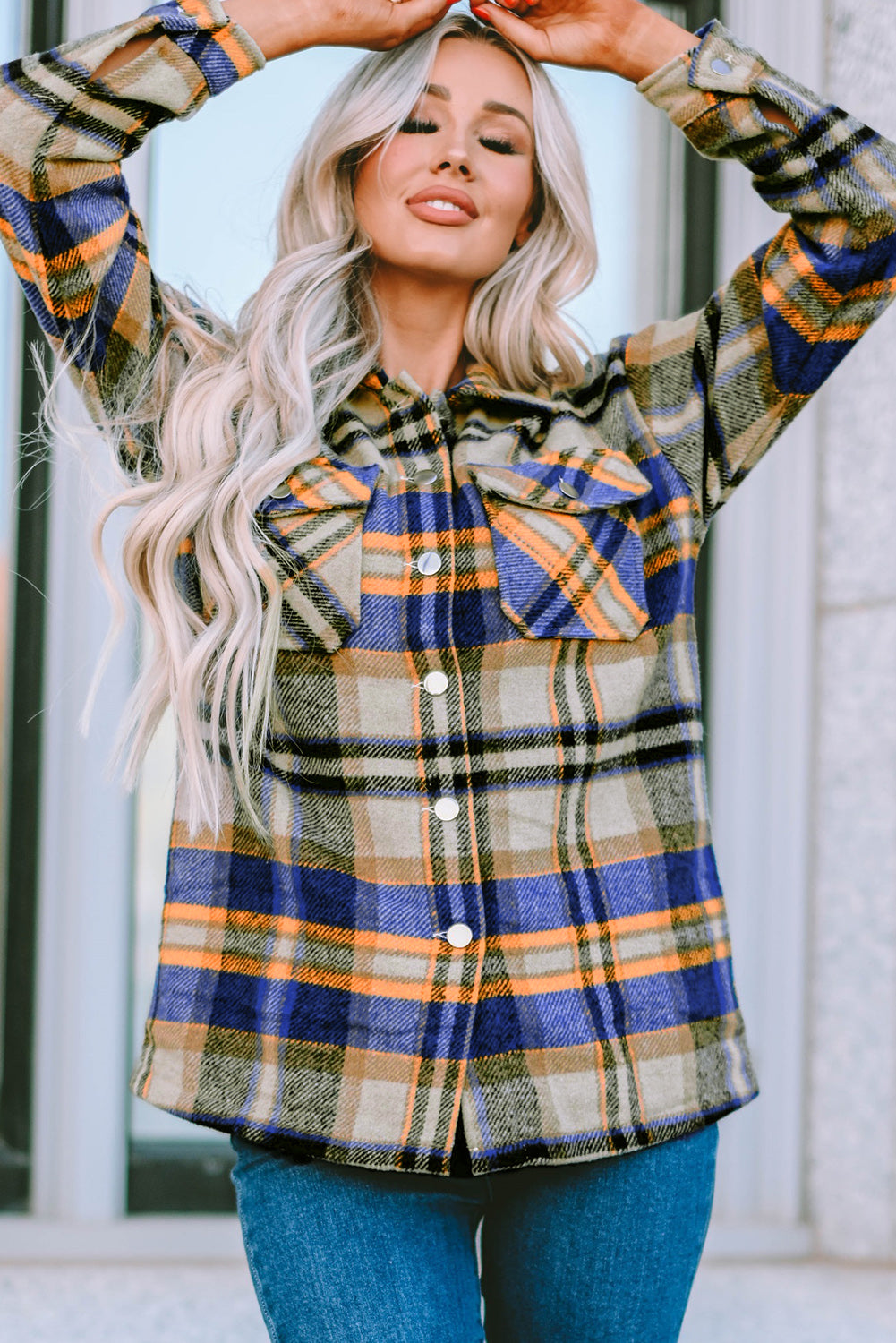 Geometric plaid print pocketed shacket featuring an oversized design, button front, and large front pockets, perfect for chilly weather.